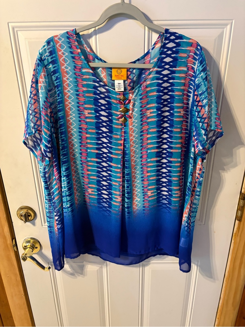 Ruby Rd. Blue Multicolor V-Neck Short Sleeve Blouse